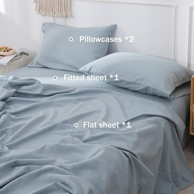 Simple&Opulence Belgian Linen Sheet Set Solid Color - 4 Pieces (1 Flat Sheet, 1 Fitted Sheet & 2 Pillowcases) Natural Flax Cotton Blend Soft Breathable Farmhouse Bedding - California King, Dusty Blue