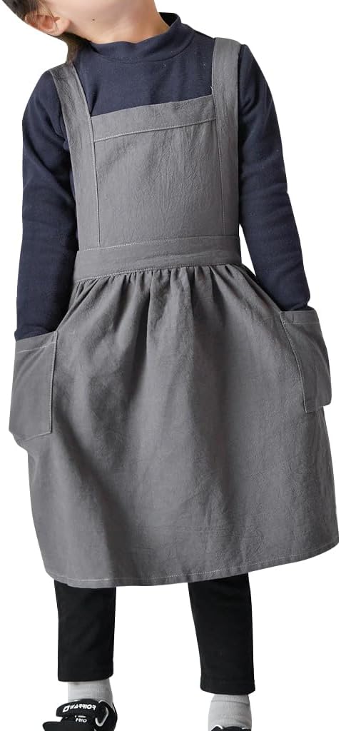 OBEEII Kids Aprons for Cooking Cotton Linen Children Baking Kitchen Gardening Painting Apron Pinafore Dress with Pockets