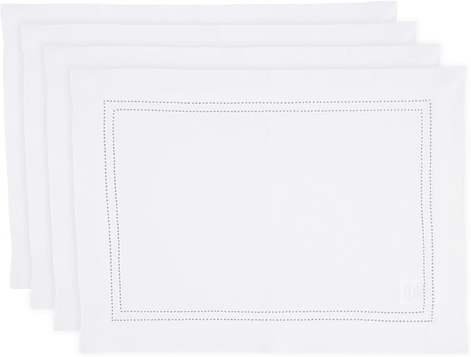 Solino Home Linen Placemats Set of 4 - Double Hemstitch White Placemats 14 x 19 Inch - 100% Pure Linen Table Place Mats for Winter, Valentines, Spring, Easter