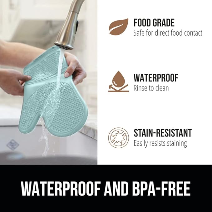 GORILLA GRIP BPA-Free Soft Silicone Oven Mitts, Heat Resistant and Waterproof Cooking Gloves, Thick Cotton Lining, Flexible Gripping for Baking Grilling, Kitchen Potholders Set of 2, 12.5x8.3, Mint