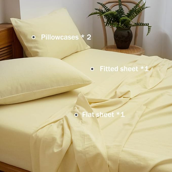 Simple&Opulence Belgian Linen Sheet Set Solid Color - 4 Pieces (1 Flat Sheet, 1 Fitted Sheet & 2 Pillowcases) Natural Flax Cotton Blend Soft Breathable Farmhouse Bedding - Queen Size, Pale Yellow
