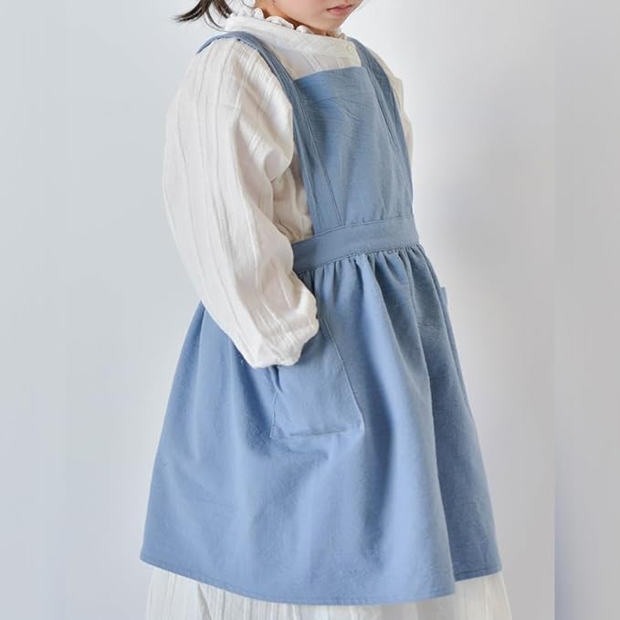 OBEEII Kids Aprons for Cooking Cotton Linen Children Baking Kitchen Gardening Painting Apron Pinafore Dress with Pockets