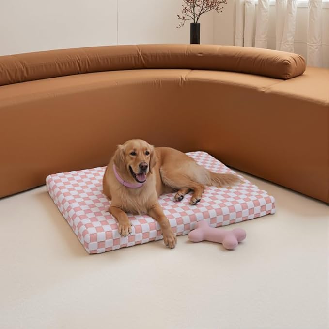 KSIIA Memory Foam Dog Bed Waterproof Large Dog Bed Orthopedic Crate Pad Supportive Crate Pads Soft Pet Mat for XXL Pet Mats with Removable Washable Cover & Non-Slip Bottom, 53 x 40 Inch, Pink