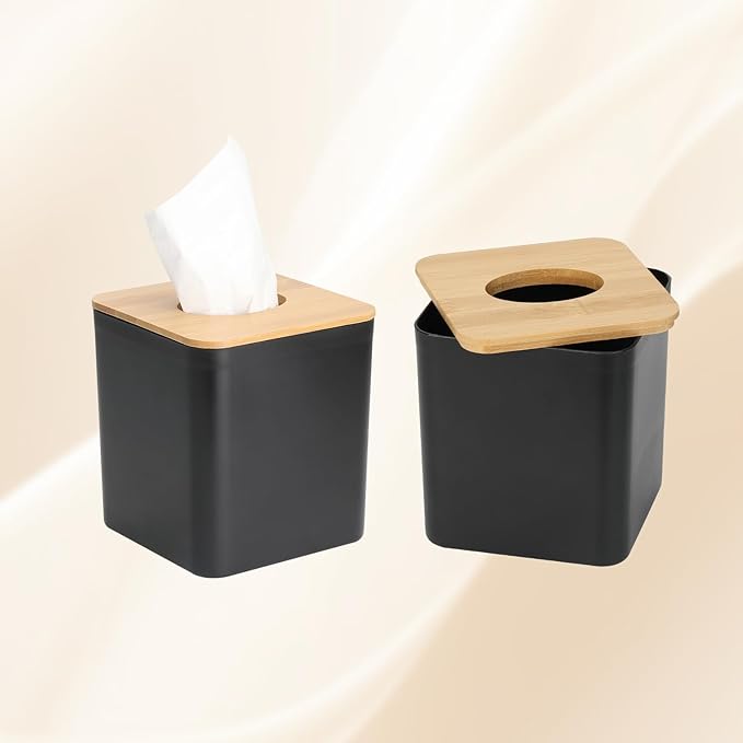 MOCHTERO Modern Tissue Box Cover with Bamboo Lid, Black Square Tissue Holder,for Home and Office