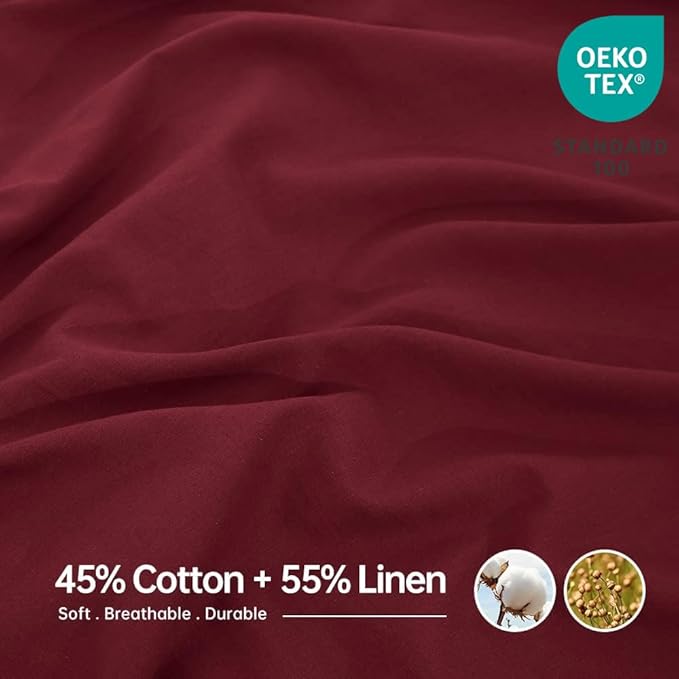 Simple&Opulence Belgian Linen Sheet Set Solid Color - 4 Pieces (1 Flat Sheet, 1 Fitted Sheet & 2 Pillowcases) Natural Flax Cotton Blend Soft Breathable Farmhouse Bedding - King Size, Burgundy Red