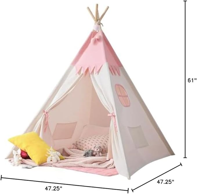 Teepee Tent for Kids Indoor,Kids Play Tent, Toddler Teepee Girls Boys, Baby Teepee, Children Room, Reading Tp,Canvas Playhouse with Lights and Mat (Peachy-Pink, Padded mat)