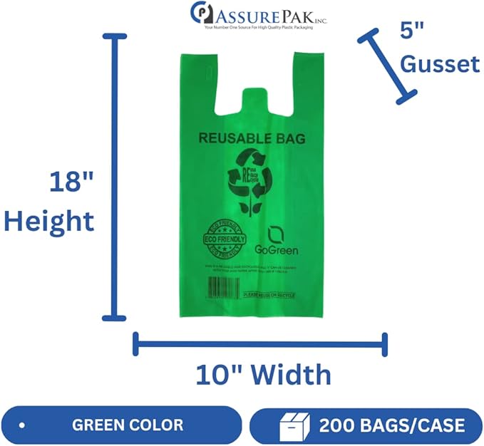 ASSUREPAK Green PP Non Woven Reusable Bags - 200 Bags - 1/8 BBL 10"X5"X18" - 40 GSM - Green -10518GRNPPNWRB40