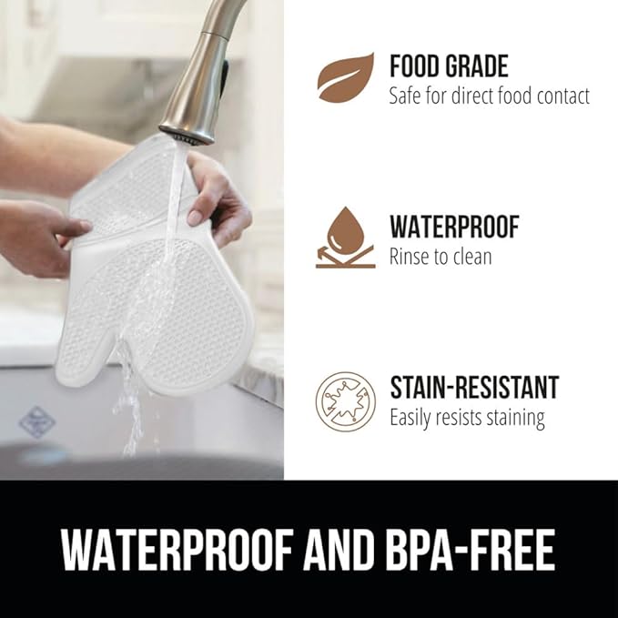 GORILLA GRIP BPA-Free Soft Silicone Oven Mitts, Heat Resistant and Waterproof Cooking Gloves, Thick Cotton Lining, Flexible Gripping for Baking Grilling, Kitchen Potholders Set of 2, 12.5x8.3, White