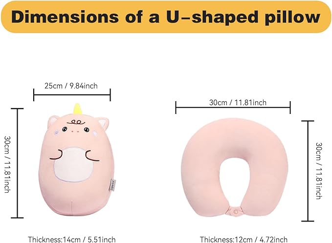 stocaggio Kids Travel Pillow - 2-in-1 Deformable Kids Neck Pillow for Traveling, Soft U-Shaped Pillow with Adorable Animal Design, Comfy Sleep and Play, Ideal for Airplanes and Cars - Pink Unicorn