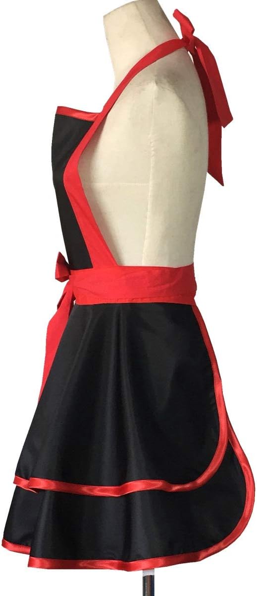 Hyzrz Lovely Handmade Cotton Retro Black Aprons for Women Girls Cake Kitchen Cook Apron for Mother's Gift (Red)