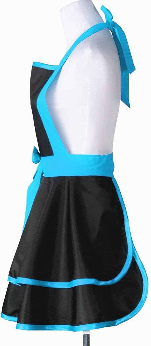 Hyzrz Lovely Handmade Cotton Retro Black Aprons for Women Girls Cake Kitchen Cook Apron for Mother's Gift (Blue)