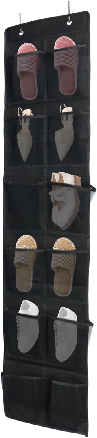 Auvotuis Over the Door Shoe Organizer, 12 Mesh Pockets Hanging Shoe Organizer with 4 Metal Hooks (Black)