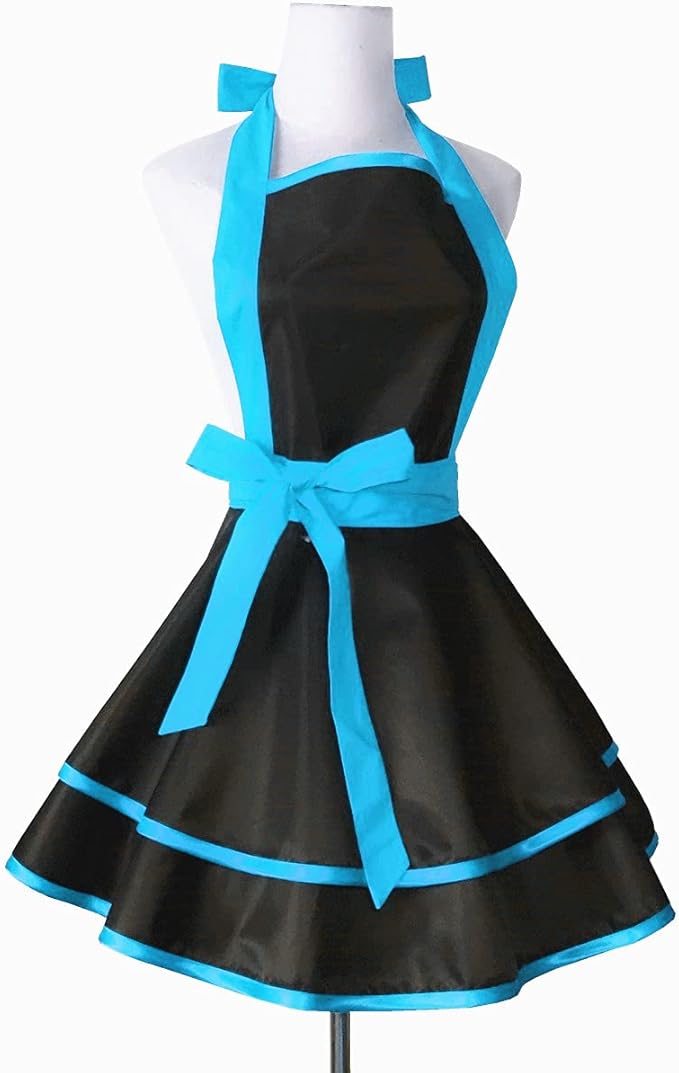 Hyzrz Lovely Handmade Cotton Retro Black Aprons for Women Girls Cake Kitchen Cook Apron for Mother's Gift (Blue)