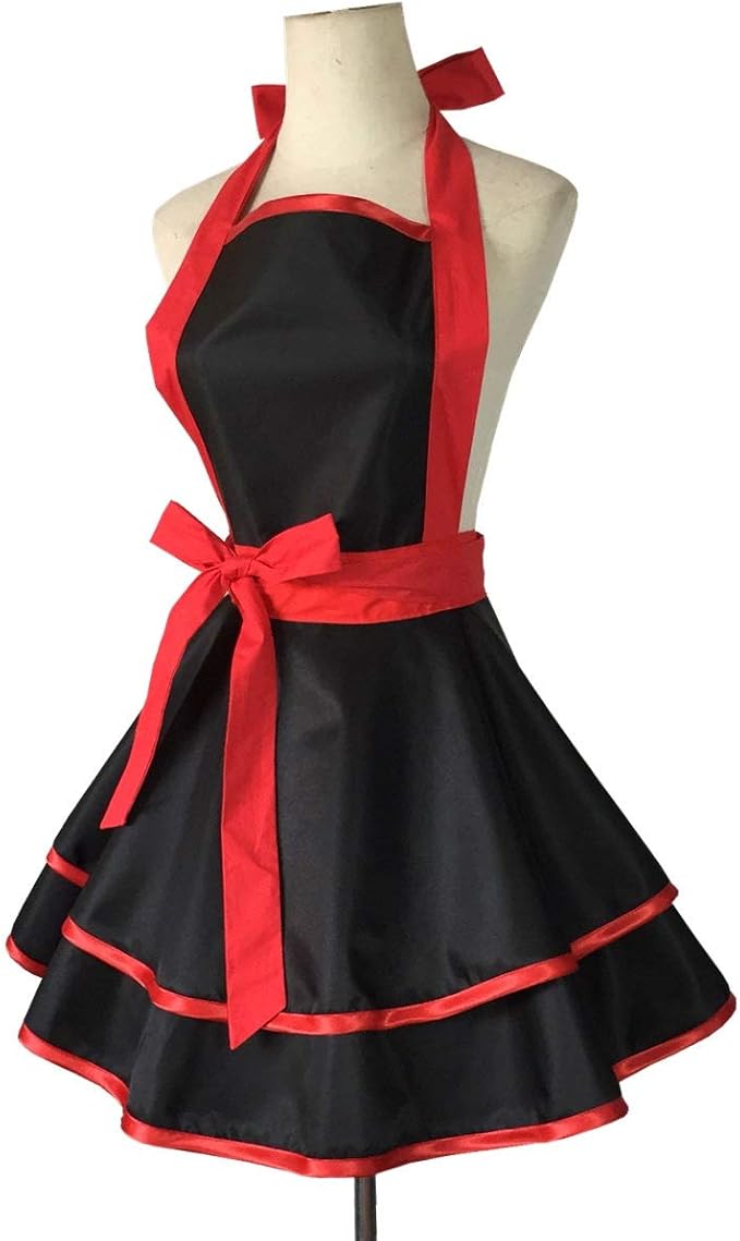 Hyzrz Lovely Handmade Cotton Retro Black Aprons for Women Girls Cake Kitchen Cook Apron for Mother's Gift (Red)