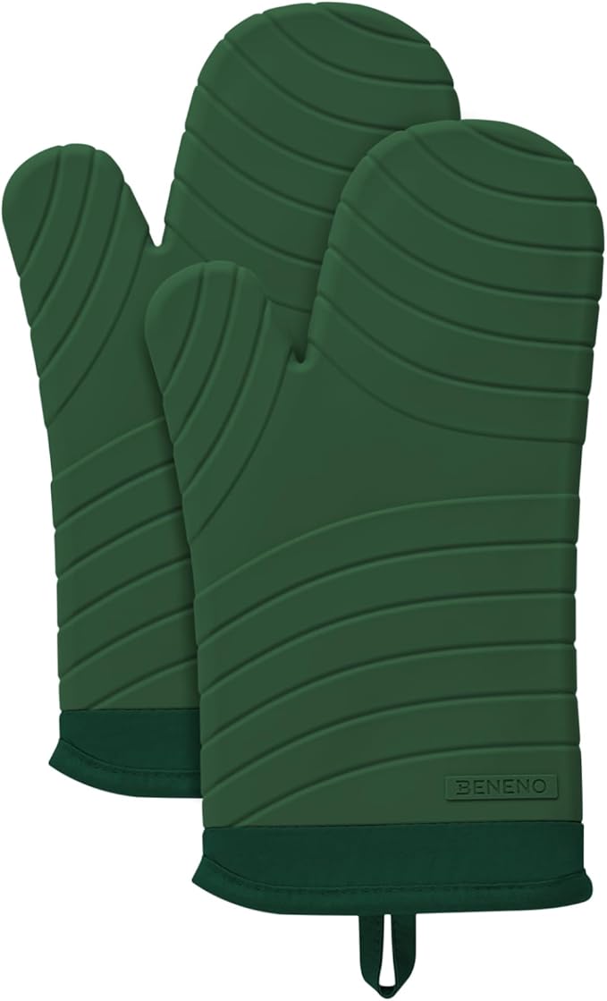 Beneno Heat Resistant Silicone Oven Mitts BPA-Free, Non-Slip Textured Grip & Quilted Cotton Lining, Waterproof Kitchen Mitt 2-Pack Set, 7"x13", Green