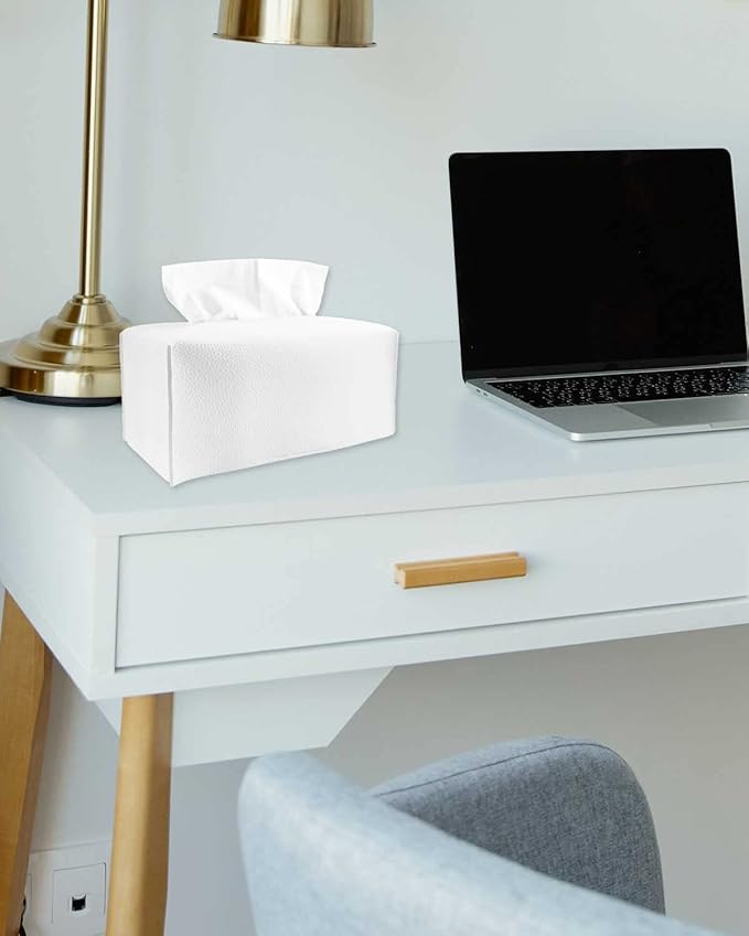 Extra Large Tissue Box Cover Rectangular – Plus Size Tissue Box Holder with Bottom Belt [JESMINI, White] Decorative Faux Leather Long Rectangle Tissue Holder for Bathroom/Home/Car/Office Decor