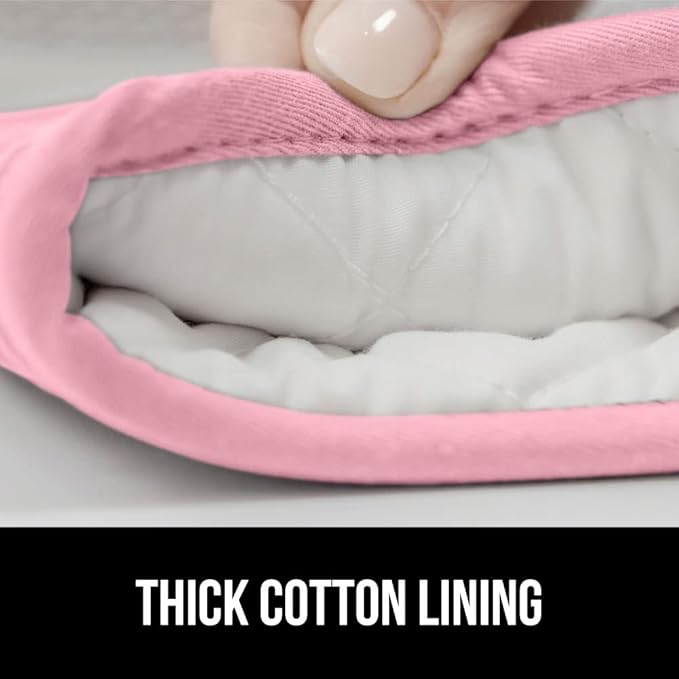 GORILLA GRIP BPA-Free Soft Silicone Oven Mitts, Heat Resistant and Waterproof Cooking Gloves, Thick Cotton Lining, Flexible Gripping for Baking Grilling, Kitchen Potholders Set of 2, 12.5x8.3, Pink