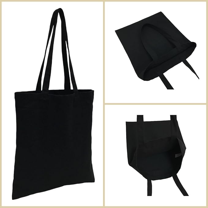 BUOGIO 6 Pack Black 10oz Plain Canvas Tote Bags Bulk Blank Reusable Shopping Bag 14" x 15.5" for Custom Printing, Promotional, Gifts