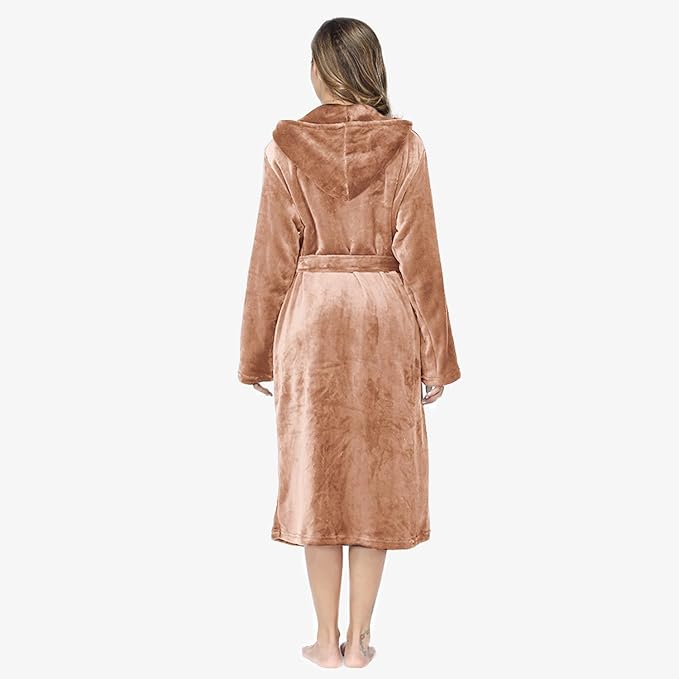 RONGTAI Womens Robes Plush Fleece Hooded Bathrobe Thick Nightgown with Pockets Fluffy Sleepwear