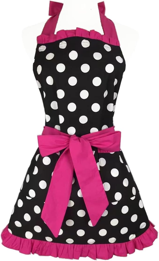 Hyzrz Cute Apron Retro Black Polka Dot Retro Ruffle Side Vintage Cooking Aprons with Pockets for Women Girls (Side Rose Red)