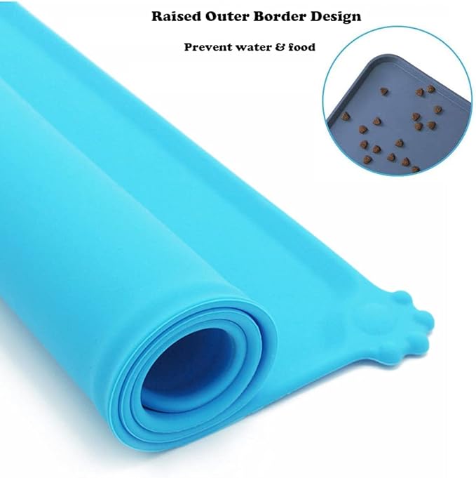 Silicone Pet Feeding Mat, Waterproof Dog Cat Bowl Mat, Raised Edges to Prevent Spills, Easy Clean Nonslip Dogs and Cats Placemat Tray to Stop Food and Water Bowl Messes on Floor (Blue)
