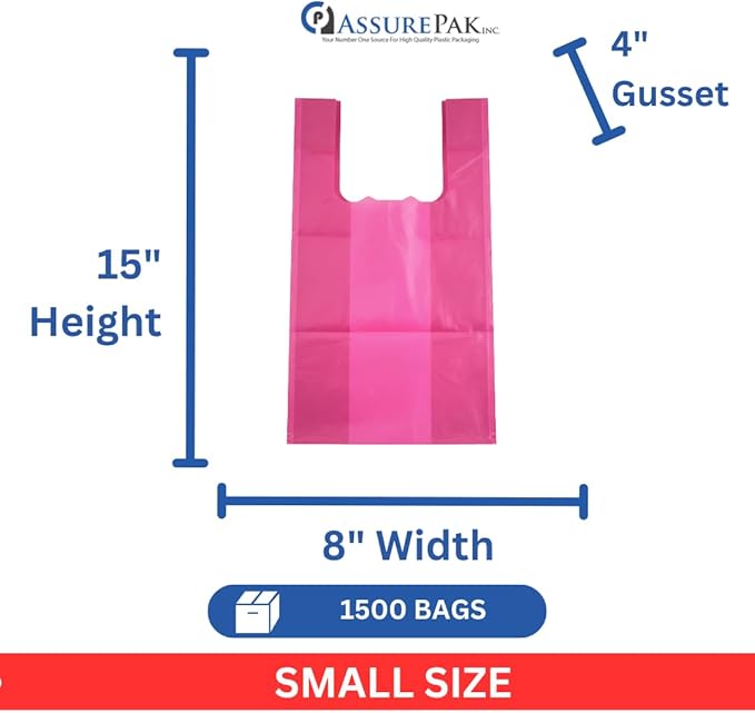 Burgandy Colored Unprinted Plastic T-Shirt Bags - 1/10 BBL 8"X4"X15" - 1500 Bags - 14 microns - Perfect for Groceries, Shopping, Boutique Bags, Party Decorations and Retail Stores