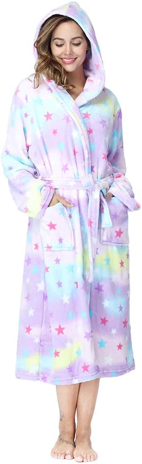 RONGTAI Womens Robes Plush Fleece Hooded Bathrobe Thick Nightgown with Pockets Fluffy Sleepwear