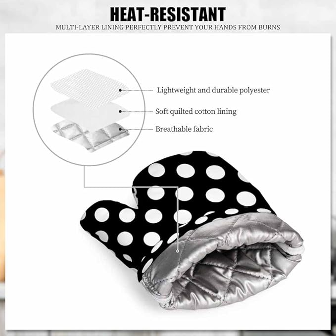 Mxocom Polka Dot Oven Mitt and Pot Holder with Silicone Black White Round Circle Heat Resistant Kitchen for Cooking BBQ Baking Grilling Spring/Summer