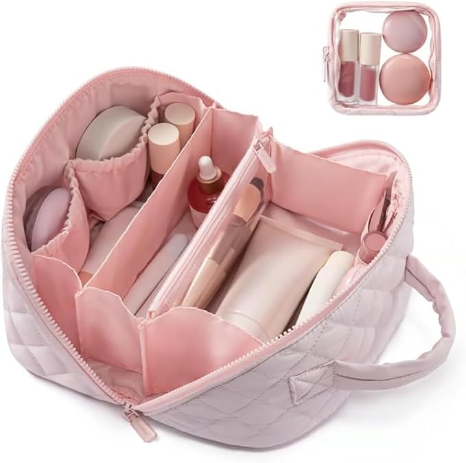 Makeup Bag for Women, Wide Open Lay-Flat Water-Resistant Cosmetic Case, Festivalment Makeup Bag, Spacious 180° Open Cosmetic Organizer for Toiletries & Brushes Large Capacity with Compartments (Beige)