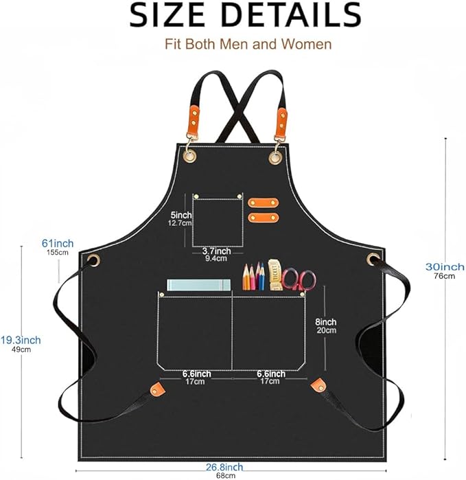 Canvas Work Apron for Men Women with 3 Pockets Heavy Duty Crossback Kitchen Chef Aprons for Cooking Grilling Barista