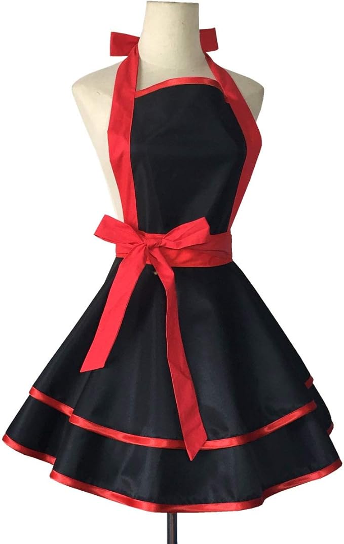 Hyzrz Lovely Handmade Cotton Retro Black Aprons for Women Girls Cake Kitchen Cook Apron for Mother's Gift (Red)