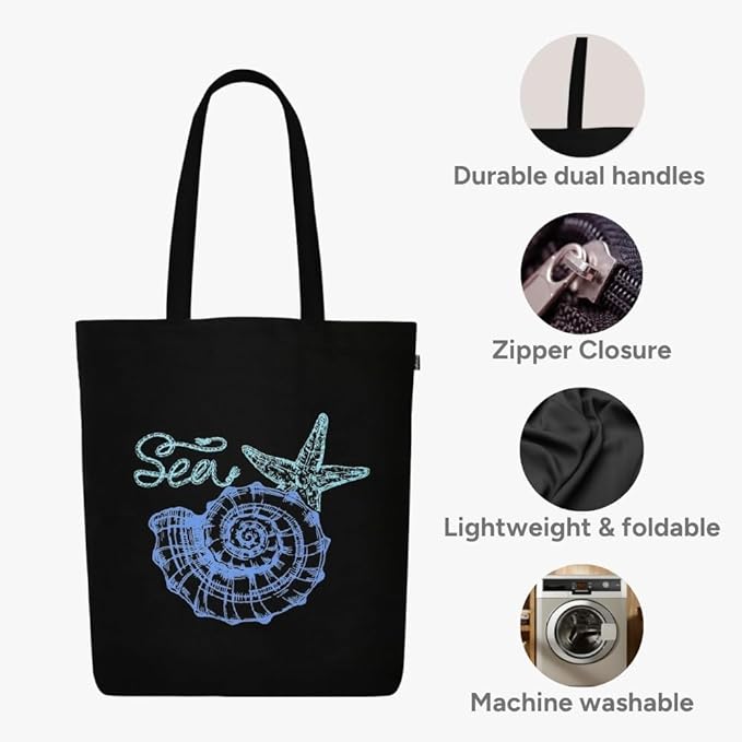 Ecoright Tote Bag for Women with Zipper, Small Tote Bag, Canvas Bag, Reusable Cotton Bag for Beach, Grocery, School & Work