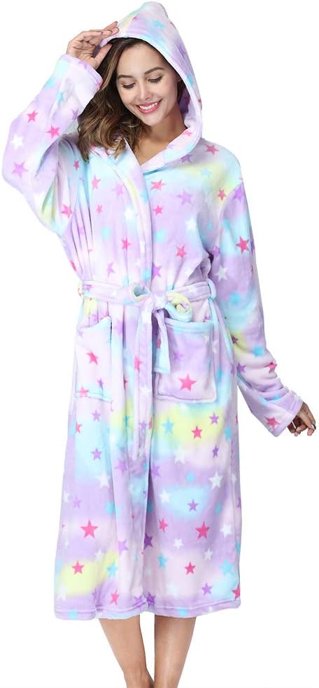 RONGTAI Womens Robes Plush Fleece Hooded Bathrobe Thick Nightgown with Pockets Fluffy Sleepwear