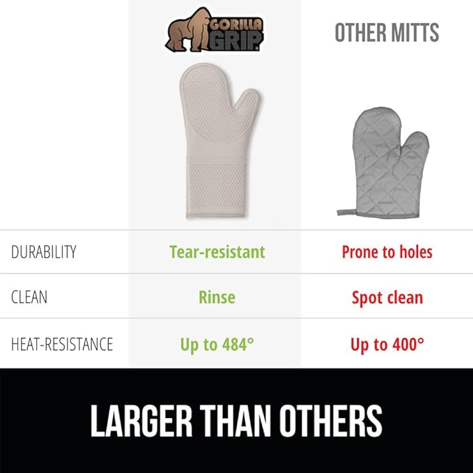 GORILLA GRIP BPA-Free Soft Silicone Oven Mitts, Heat Resistant and Waterproof Cooking Gloves, Thick Cotton Lining, Flexible Gripping for Baking Grilling, Kitchen Potholders Set of 2, 12.5x8.3, Almond