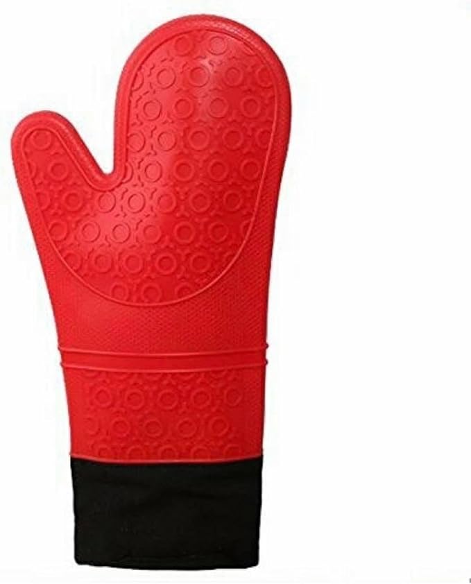 BPA-Free Soft Silicone Oven Mitts - Ultra Heat Resistant Oven Mitts with Thick Cotton Liner - Extra Long Slip Resistant Pot Holders, Flexible Oven Gloves - Red/Black 14.7"