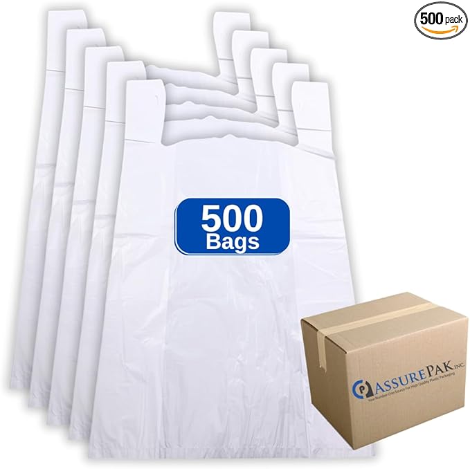 ASSUREPAK White Unprinted HDPE T-Shirt Bags 16"x8"x30" – 500 Units – 16 Microns –Perfect for supermarkets, convenience stores, restaurants, and retail shops