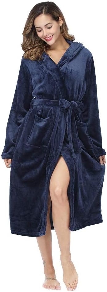 RONGTAI Womens Robes Plush Fleece Hooded Bathrobe Thick Nightgown with Pockets Fluffy Sleepwear