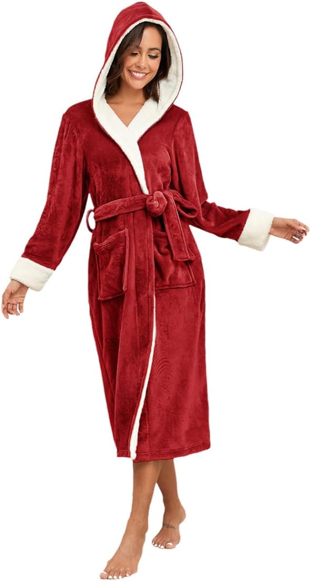 RONGTAI Womens Plush Fleece Hooded Bathrobe, Thick Nightgown Long Robe Sleepwear with Two Side Pockets and Belt