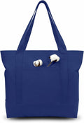 TOPDesign 3-Pack Canvas Tote Bags with an External Pocket, Reusable Grocery Shopping Bags, Top Zipper Closure, Daily Essentials (Blue)