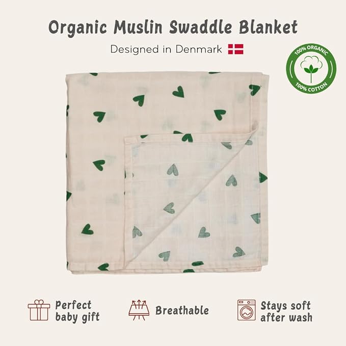 Huxie Swaddle - 100% Organic Cotton - Muslin Swaddle Blankets for Newborn, 47" x 47" (Green Hearts)