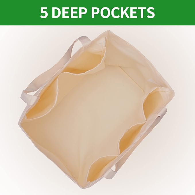 CNaiyunpin Canvas Reusable Grocery Bags Heavy Duty, 8.3 gal Foldable Large Tote Bag with Handles, Holds 60 lbs & Washable Eco-friendly Bags with 5 Pockets, Off white 1 Bags