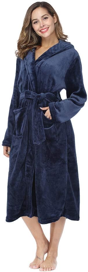 RONGTAI Womens Robes Plush Fleece Hooded Bathrobe Thick Nightgown with Pockets Fluffy Sleepwear