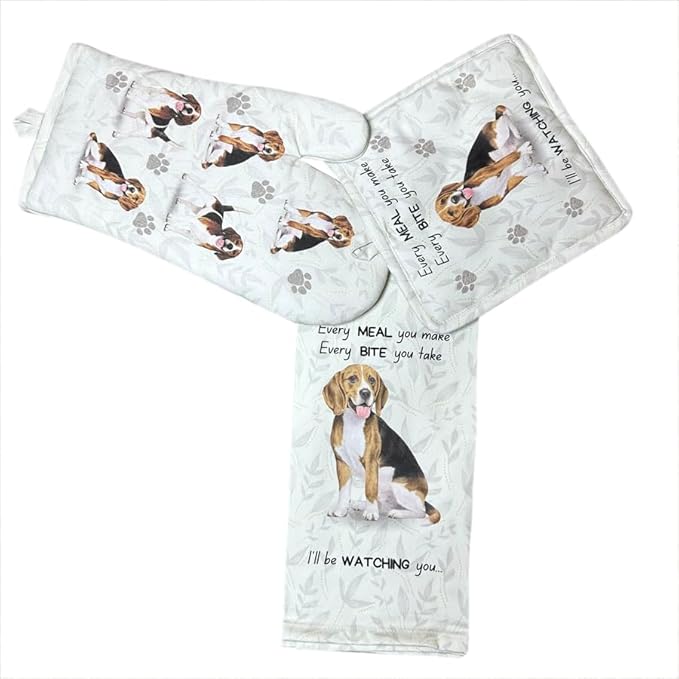 Beagle 3-Piece Kitchen Set - Oven Mitt, Pot Holder & Kitchen Towel Set, Heat Resistant up to 420 F, Soft Quilted Cotton for Cooking, Baking, BBQ, Pet Lover Gifts (Beagle)