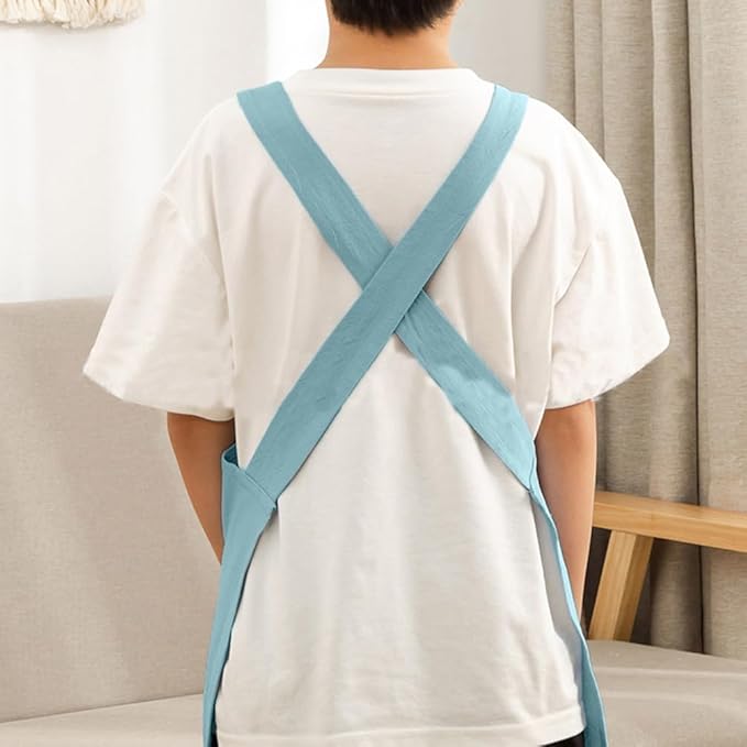 Kids Cotton Cross Back Aprons Children Chef Pure Child Apron with 2 Pockets for Baking Painting Cooking