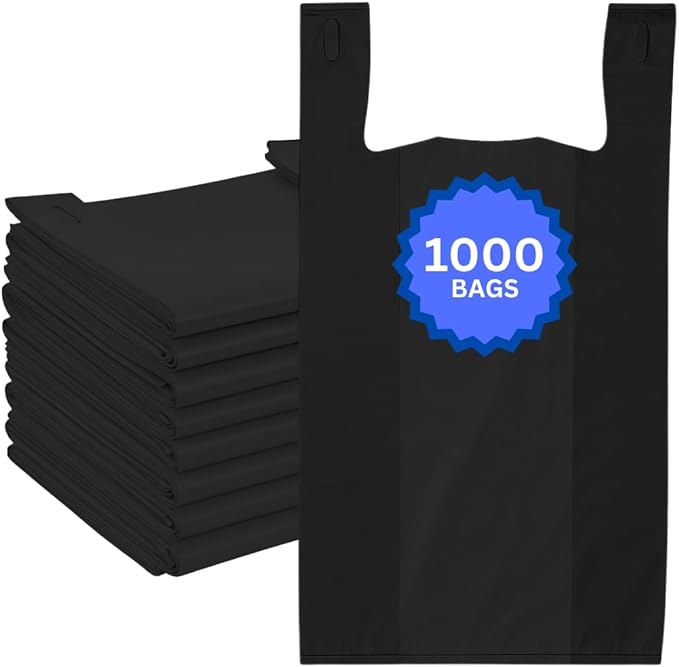 ASSUREPAK Easy Open - 1000 Bags - Black Unprinted HDPE T-Shirt Bags - 1/6 BBL 11.5"X6"X21" - 13 microns - Black - LOOP-BLACK-EO