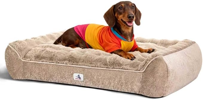 Welfibr Fluffy Faux Fur Dog Bed Medium Size Dog Washable Rasied Dog Bed Orthopedic Dog Bed with Sides Noiseless Supportive Foam Dog Couch Anti-Slip Comfort Pet Beds with Removable Cover Brown 42"