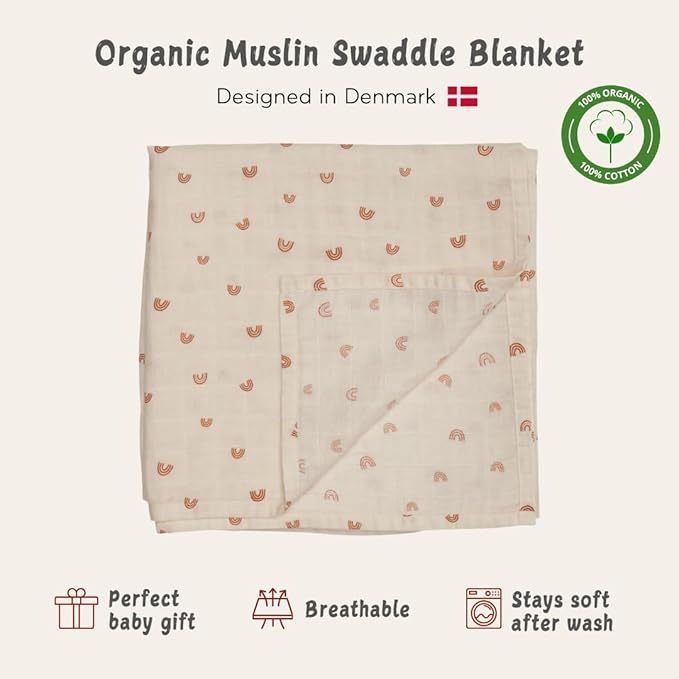 Huxie Swaddle - 100% Organic Cotton - Muslin Swaddle Blankets for Newborn, 47" x 47" (Rainbows)