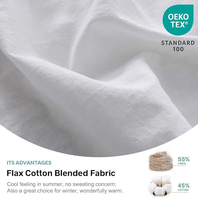 Simple&Opulence Belgian Linen Sheet Set Solid Color - 4 Pieces (1 Flat Sheet, 1 Fitted Sheet & 2 Pillowcases) Natural Flax Cotton Blend Soft Breathable Farmhouse Bedding - Queen Size, White
