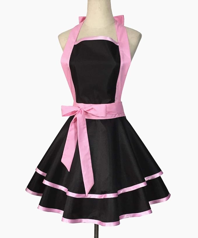 Hyzrz Lovely Handmade Cotton Retro Black Aprons for Women Girls Cake Kitchen Cook Apron for Mother's Gift (Pink)