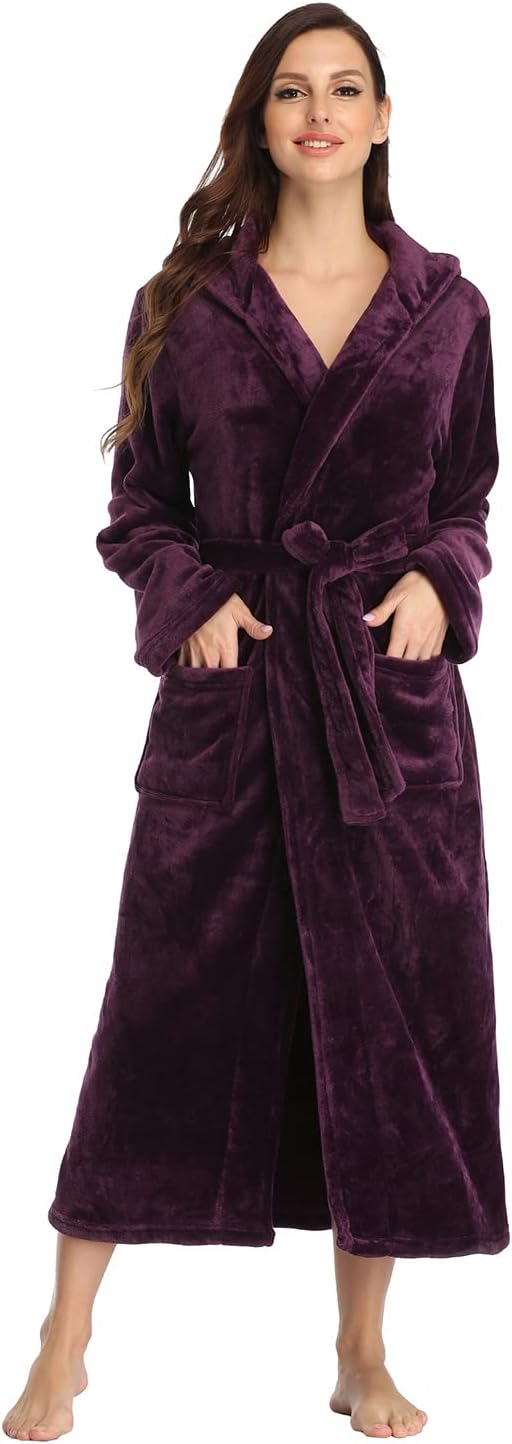 RONGTAI Womens Robes Plush Fleece Hooded Bathrobe Thick Nightgown with Pockets Fluffy Sleepwear
